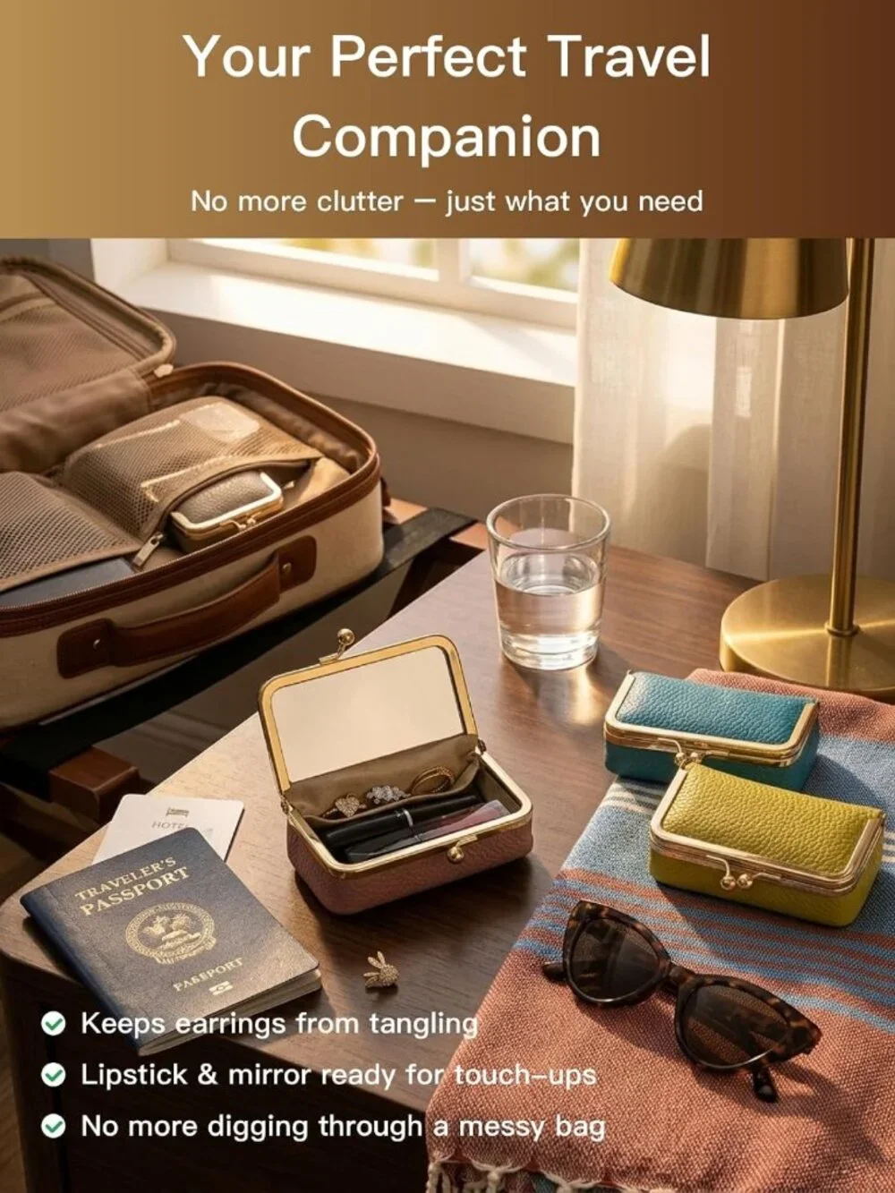 Vintage Leather Travel Jewelry Box with Mirror – Mini Makeup Pouch for Rings